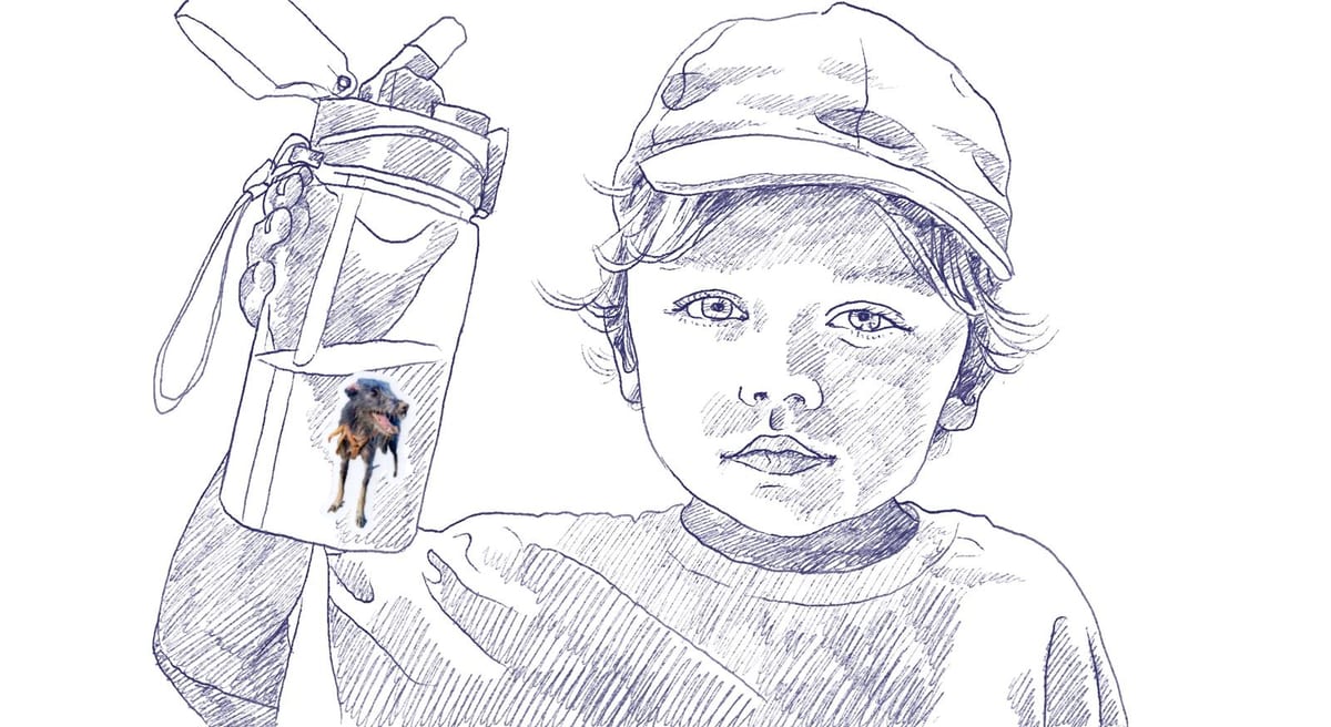 A child holding a water bottle covered in stickers
